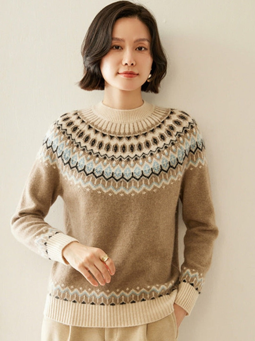 Pull en cachemire à empiècement jacquard, coloris camel