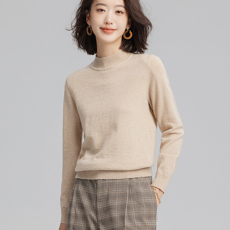 Pull femme 100 % cachemire à col cheminée, coloris beige