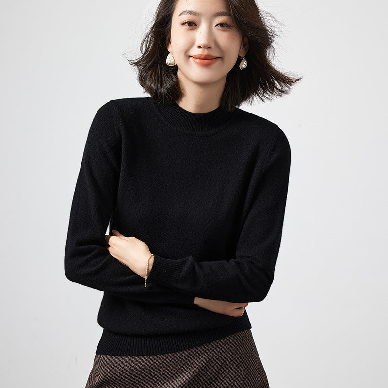 Pull femme 100 % cachemire à col cheminée, coloris noir