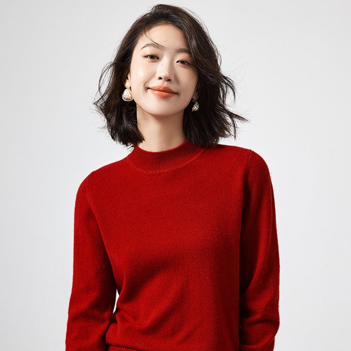 Pull femme 100 % cachemire à col cheminée, coloris rouge