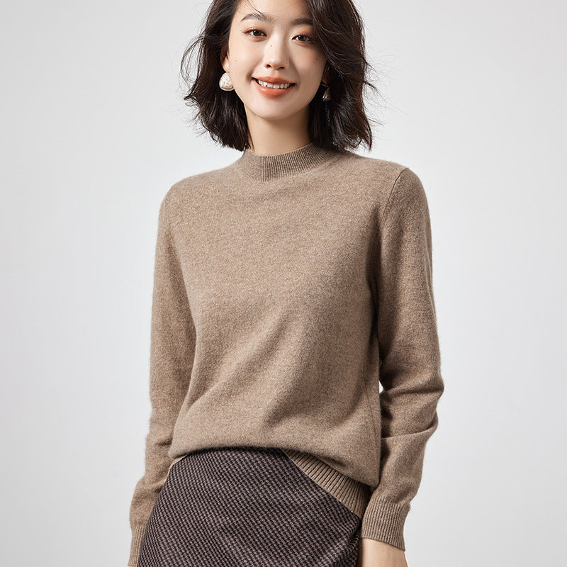 Pull femme 100 % cachemire à col cheminée, coloris taupe