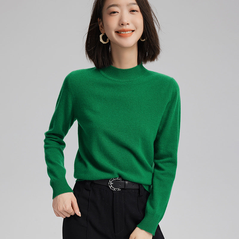 Pull femme 100 % cachemire à col cheminée, coloris vert émeraude