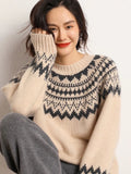 Pull en laine femme à motif jacquard nordique, coloris beige à motif anthracite