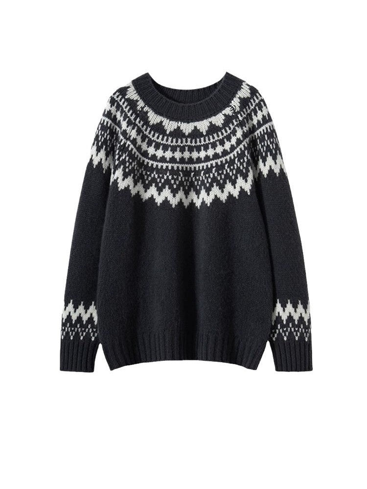 Pull en laine femme à motif jacquard nordique gris carbone, vue à plat