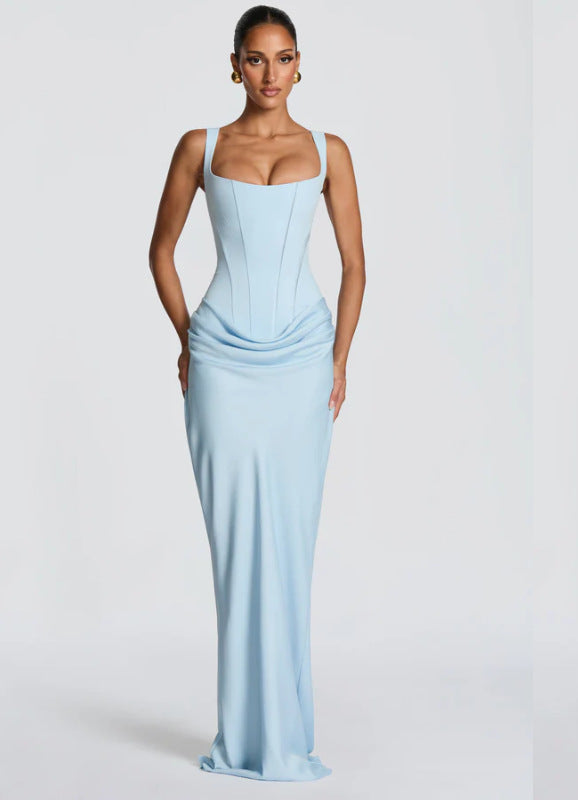 Robe longue femme effet corset bleu ciel, coupe ajustée jusqu'au sol