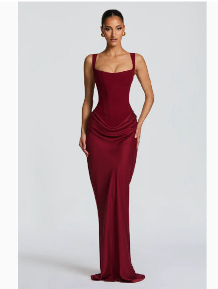 Robe longue femme effet corset bordeaux, drapé sur les hanches