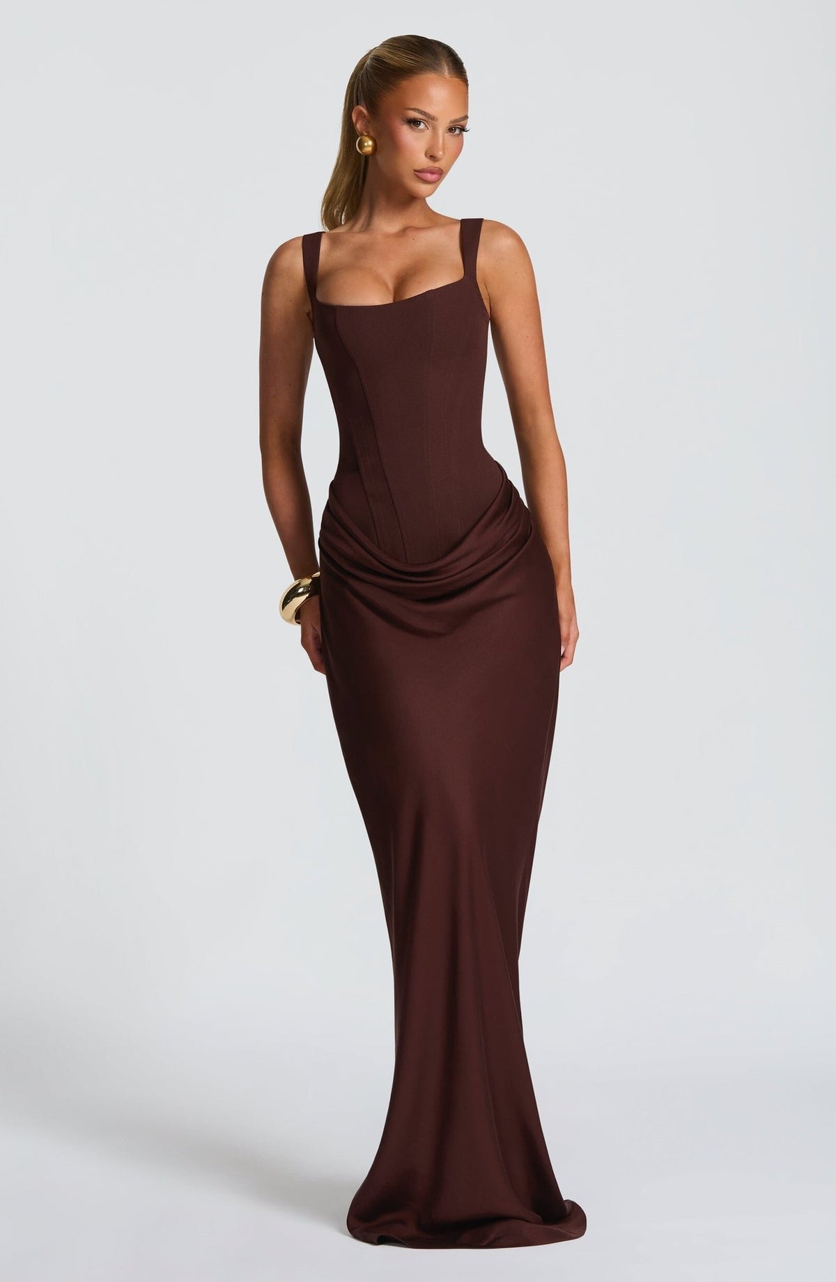 Robe longue femme effet corset marron foncé, de face