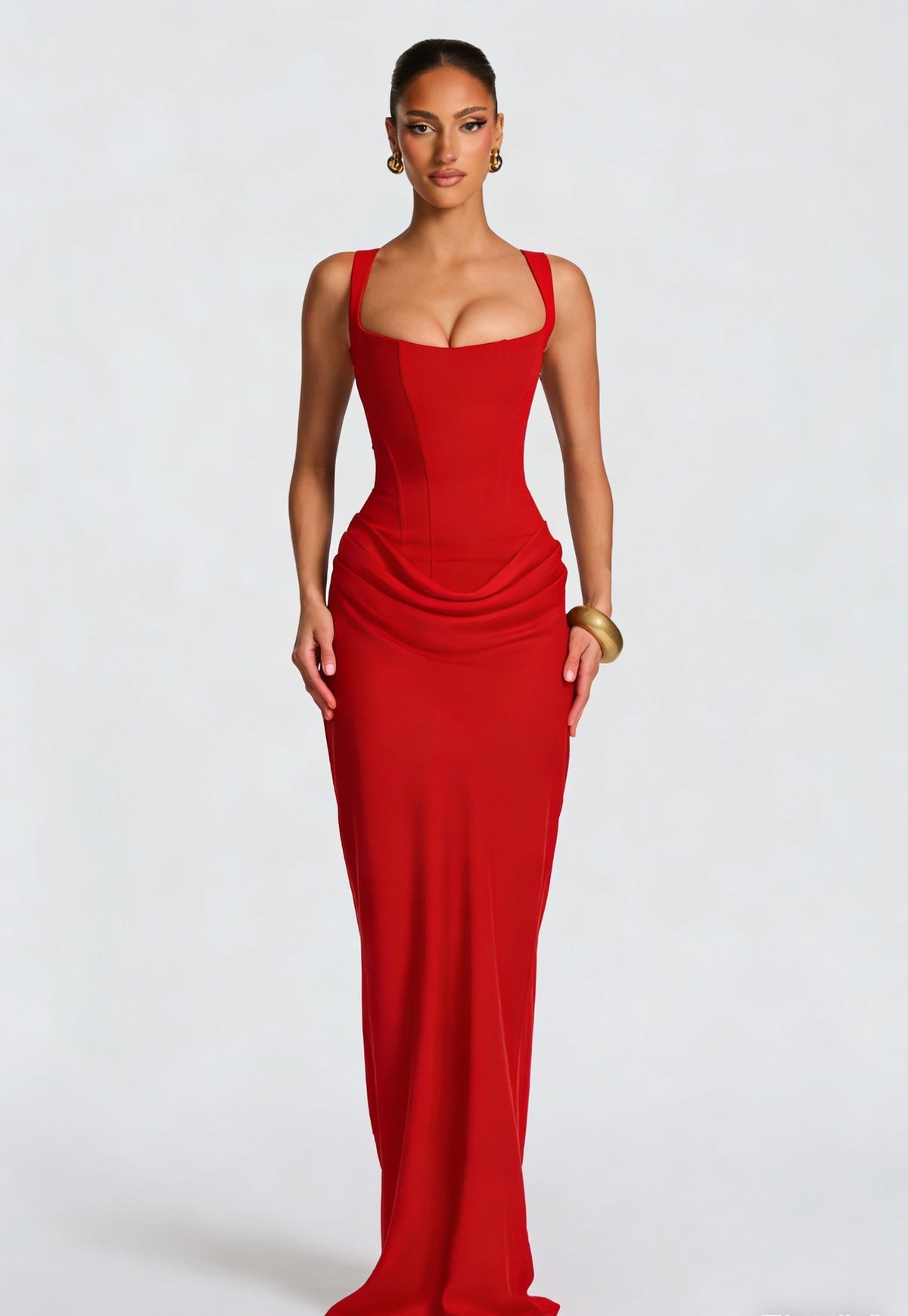 Robe longue femme effet corset rouge, larges bretelles et drapé devant, de face