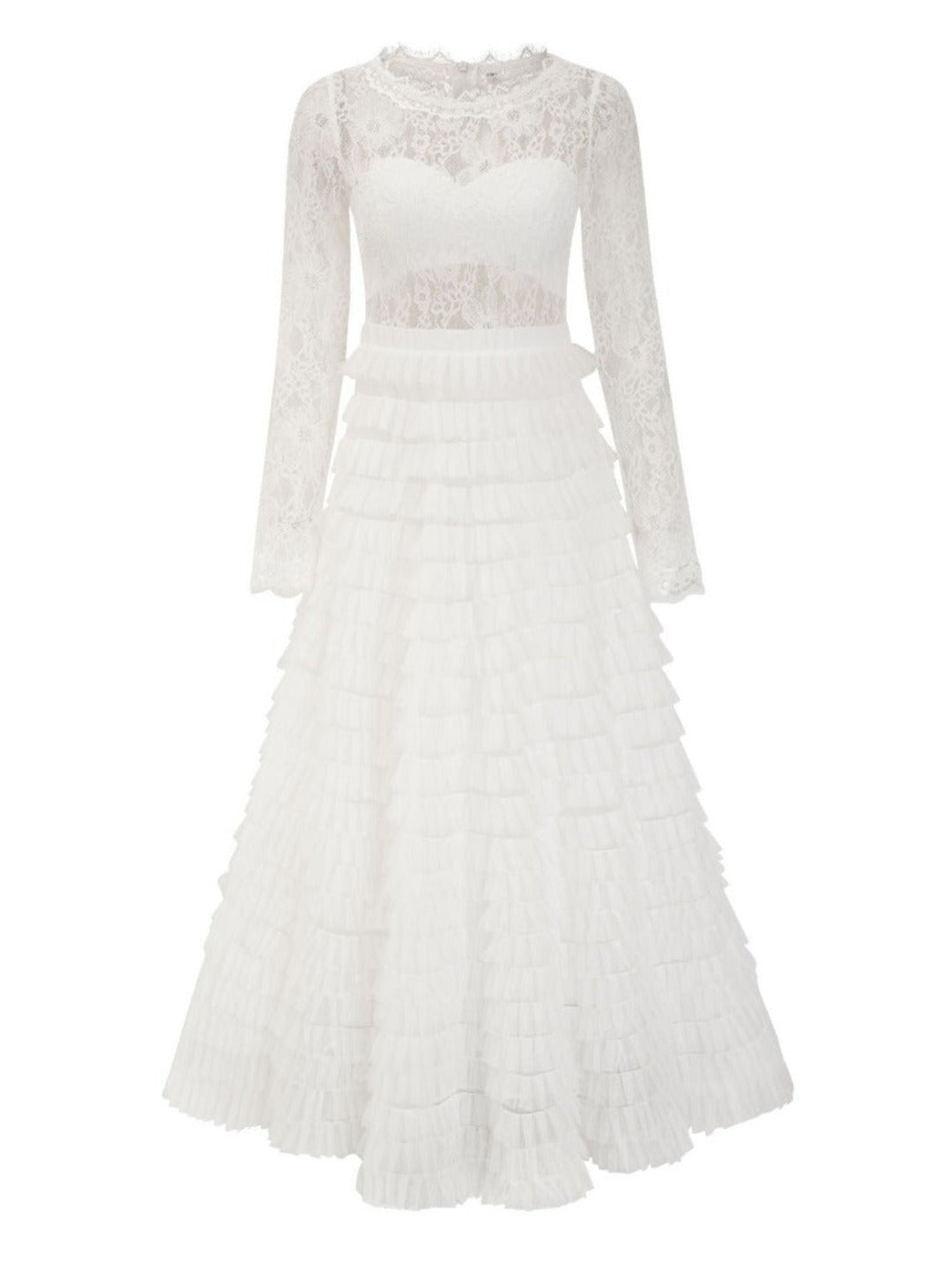 Robe longue en dentelle à volants, coloris blanc