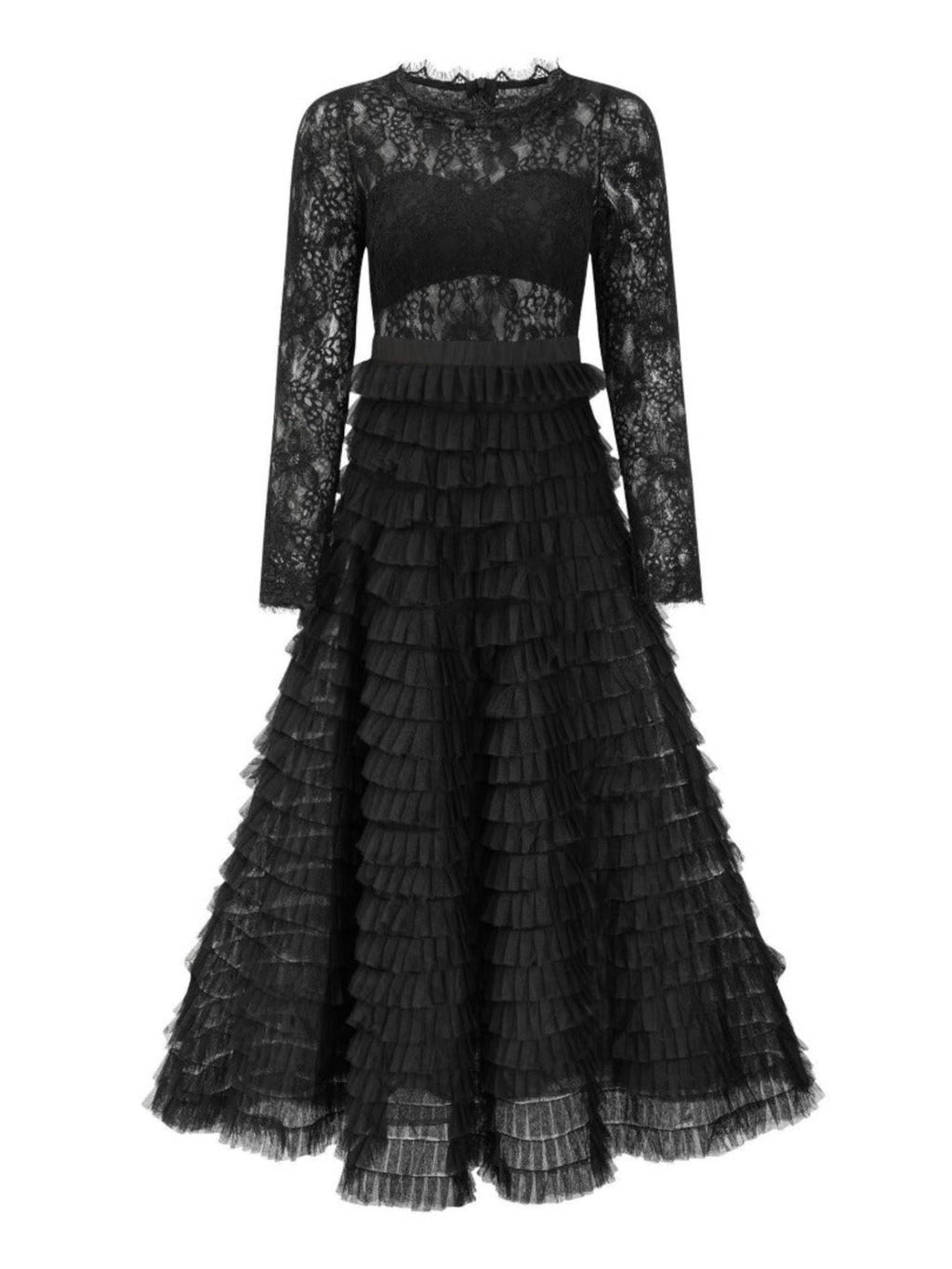 Robe longue en dentelle à volants, coloris noir