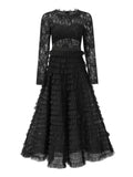 Robe longue en dentelle à volants, coloris noir