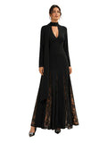 Robe longue noire femme à col montant foulard, décolleté goutte et godets de dentelle, vue de face