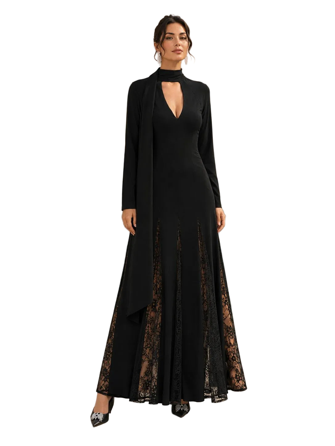 Robe longue noire femme à col montant foulard, décolleté goutte et godets de dentelle, vue de face