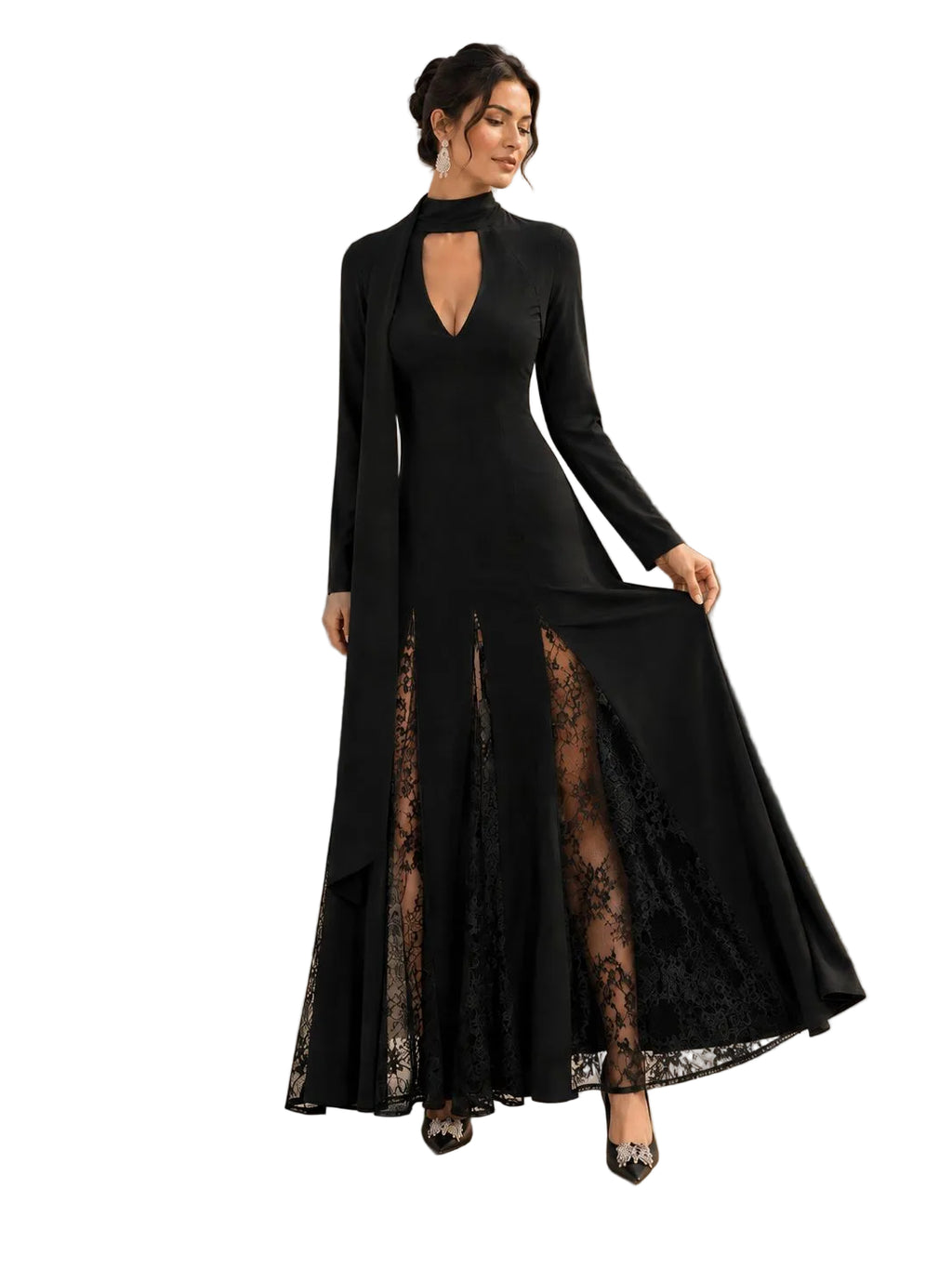 Robe longue noire femme : jupe évasée aux godets de dentelle florale transparente
