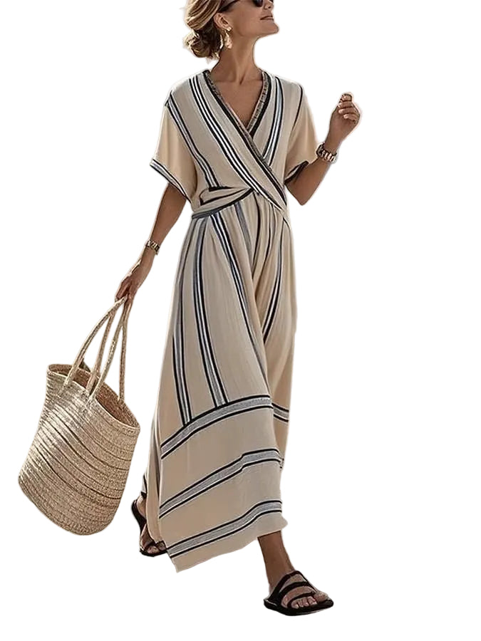 Robe longue rayée femme beige, col V cache-cœur, manches courtes, portée