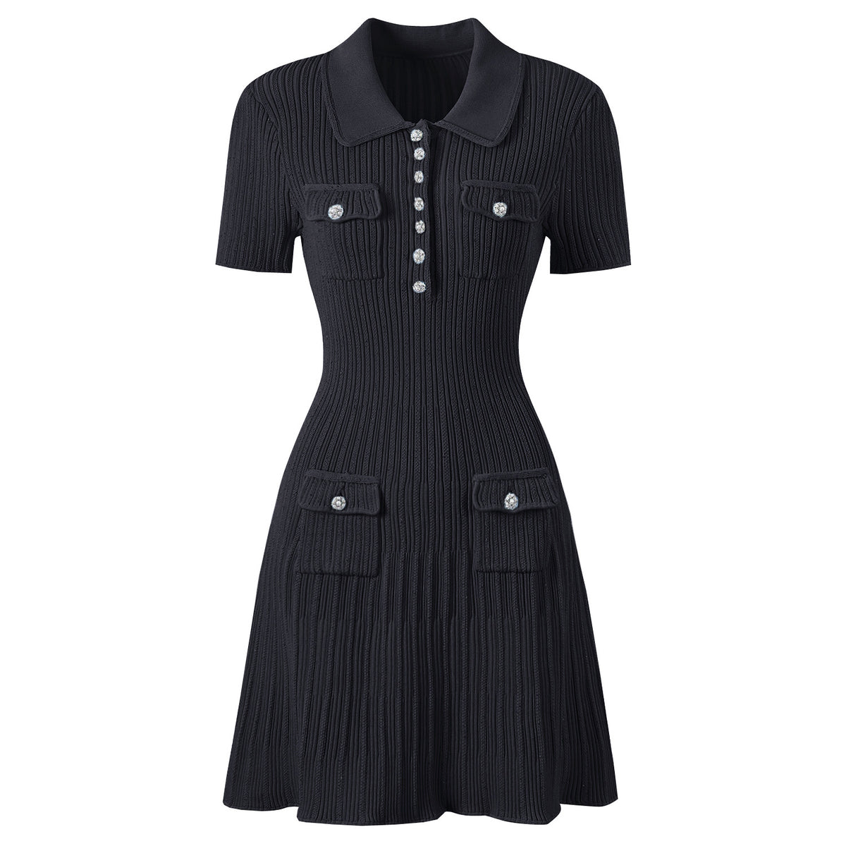 Robe en maille côtelée à col polo, tombé de la jupe plissée
