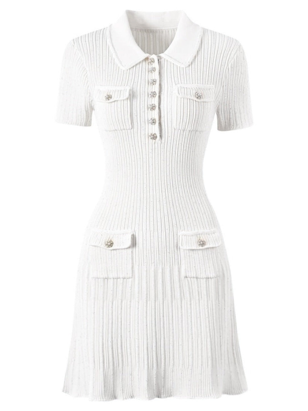 Robe en maille côtelée à col polo, coloris blanc