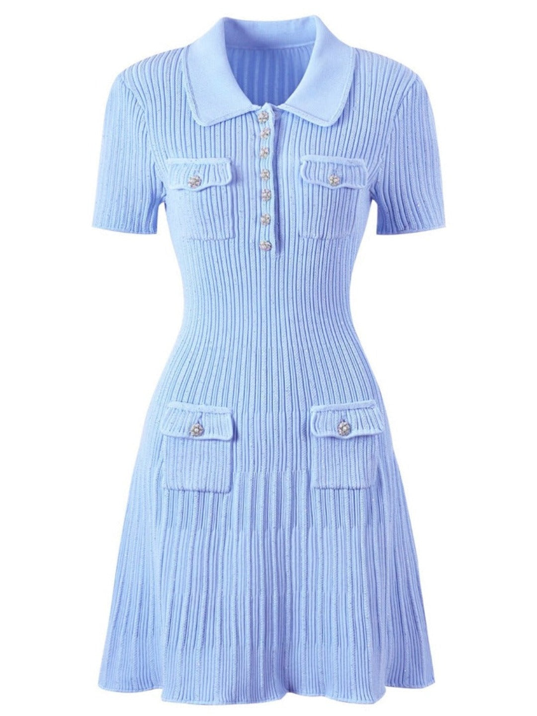 Robe en maille côtelée à col polo, coloris bleu ciel