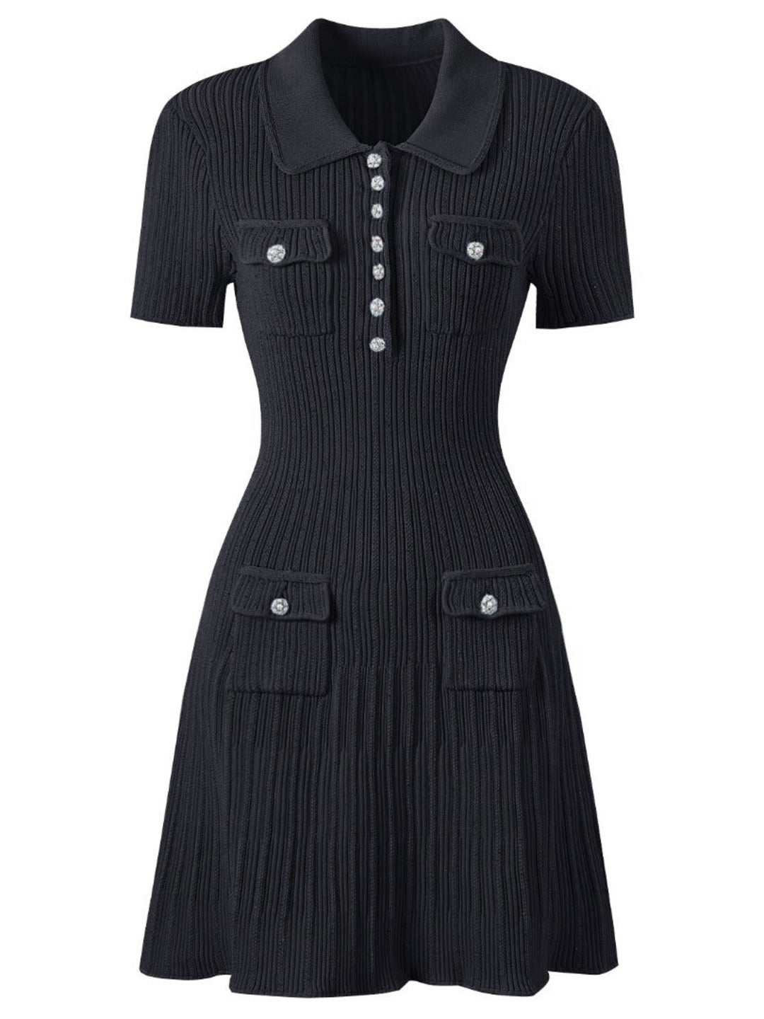 Robe en maille côtelée à col polo, coloris noir