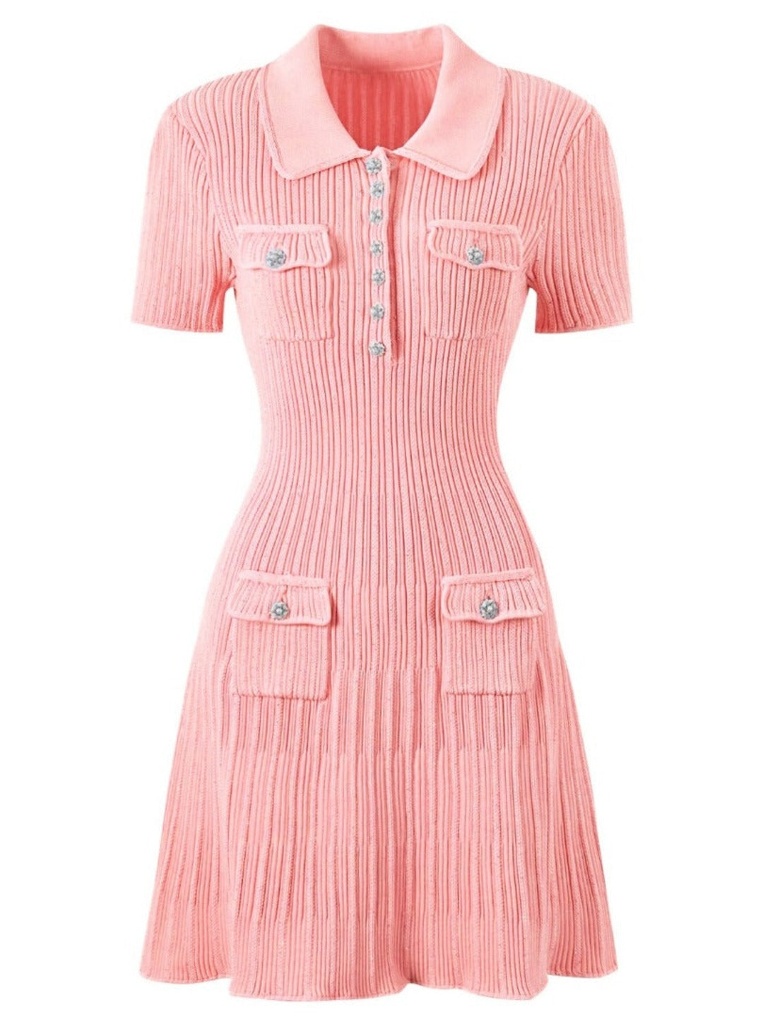 Robe en maille côtelée à col polo, coloris rose