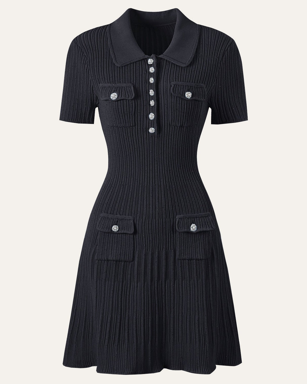 Robe en maille cotelee a col polo noire, vue de face