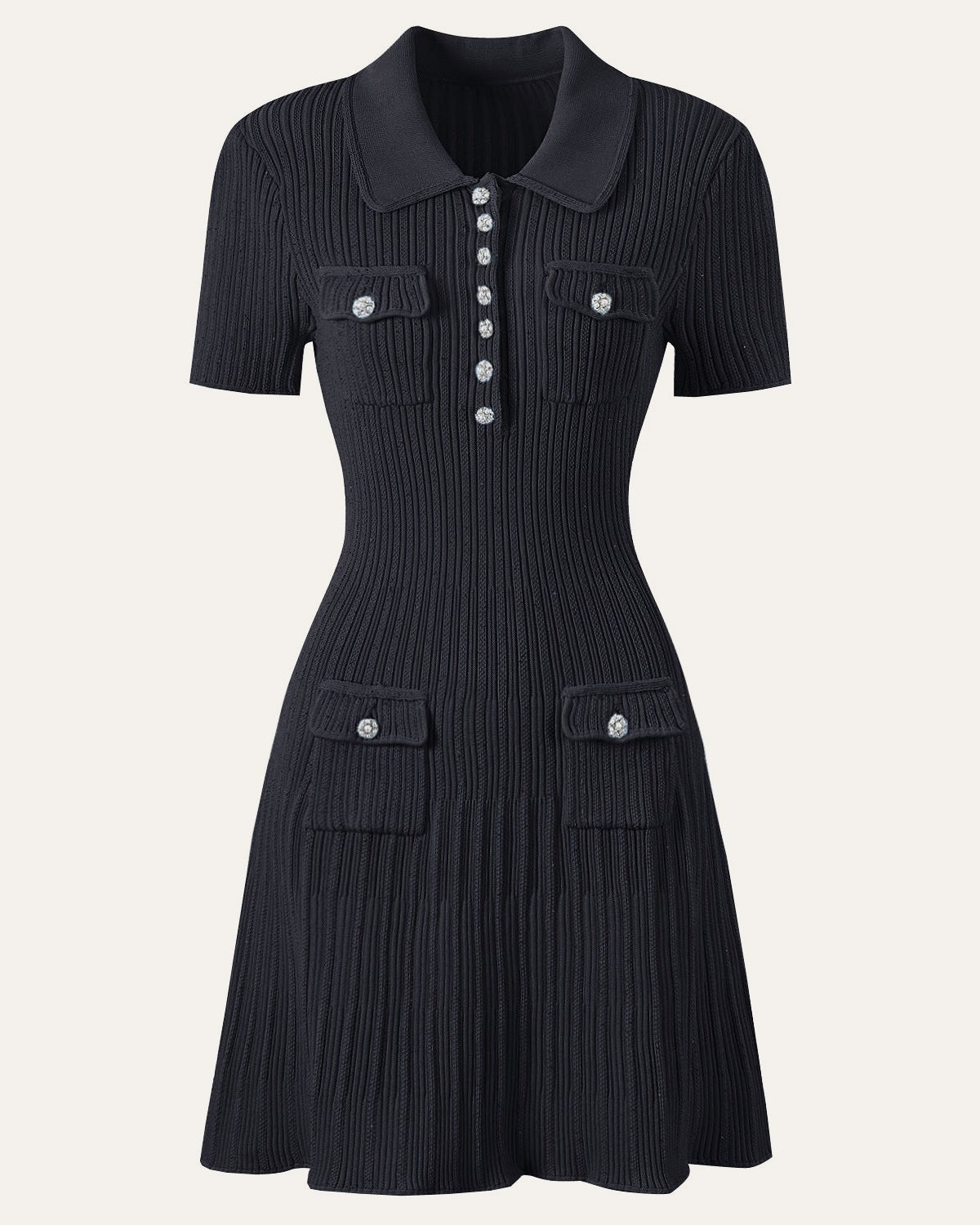 Robe en maille cotelee a col polo noire, vue de face