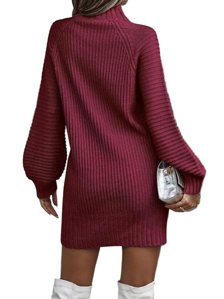 Robe pull courte bordeaux vue de dos, manches longues bouffantes resserrées aux poignets