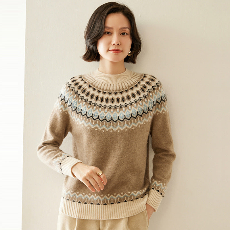 Pull en cachemire a empiecement jacquard, vue de dos