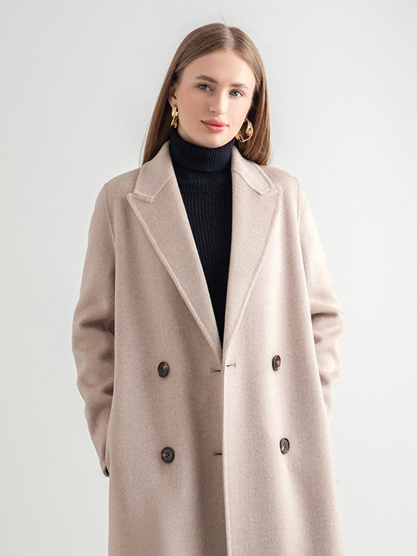 Manteau long femme en laine croisée à ceinture, coloris avoine, boutonnage croisé et ceinture nouée