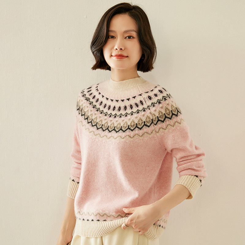 Pull en cachemire a empiecement jacquard, vue de trois quarts