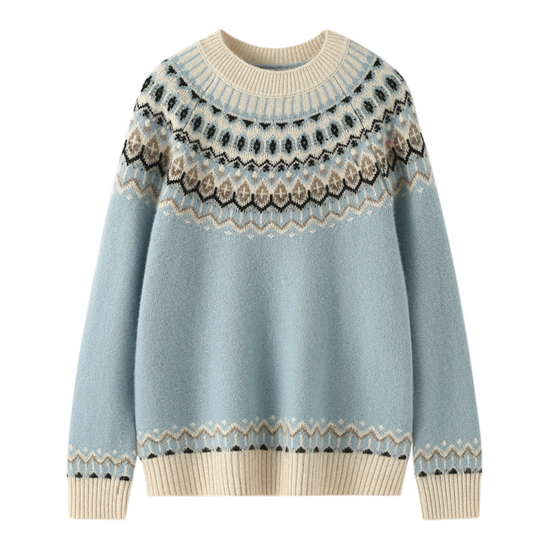 Pull en cachemire a empiecement jacquard, detail des poignets cotele