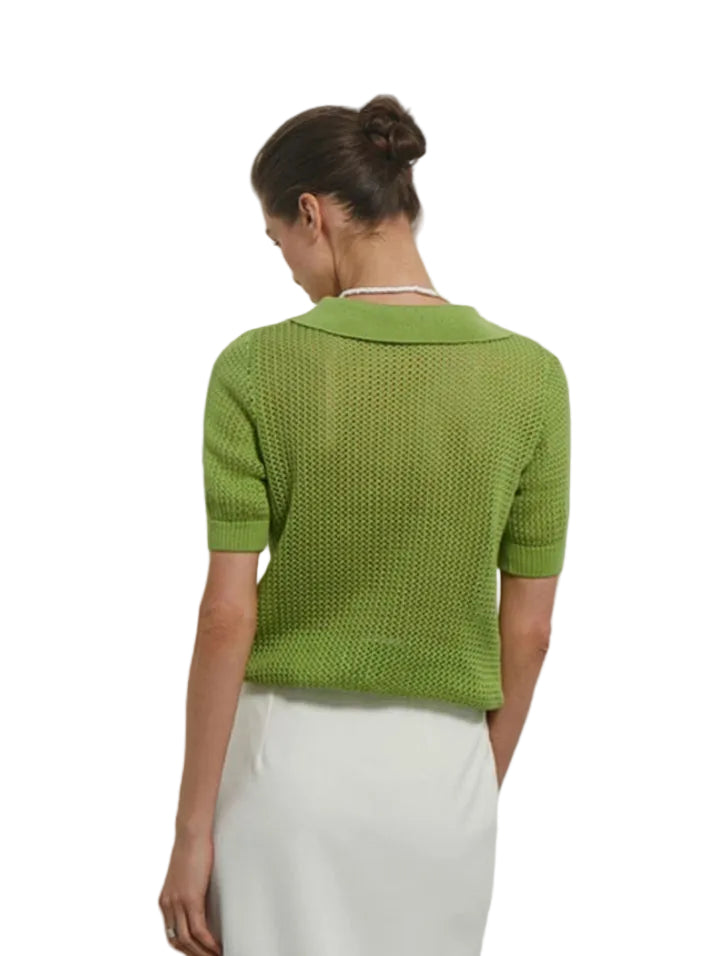 Polo en maille ajourée vert anis vu de dos, col polo et bord-côte