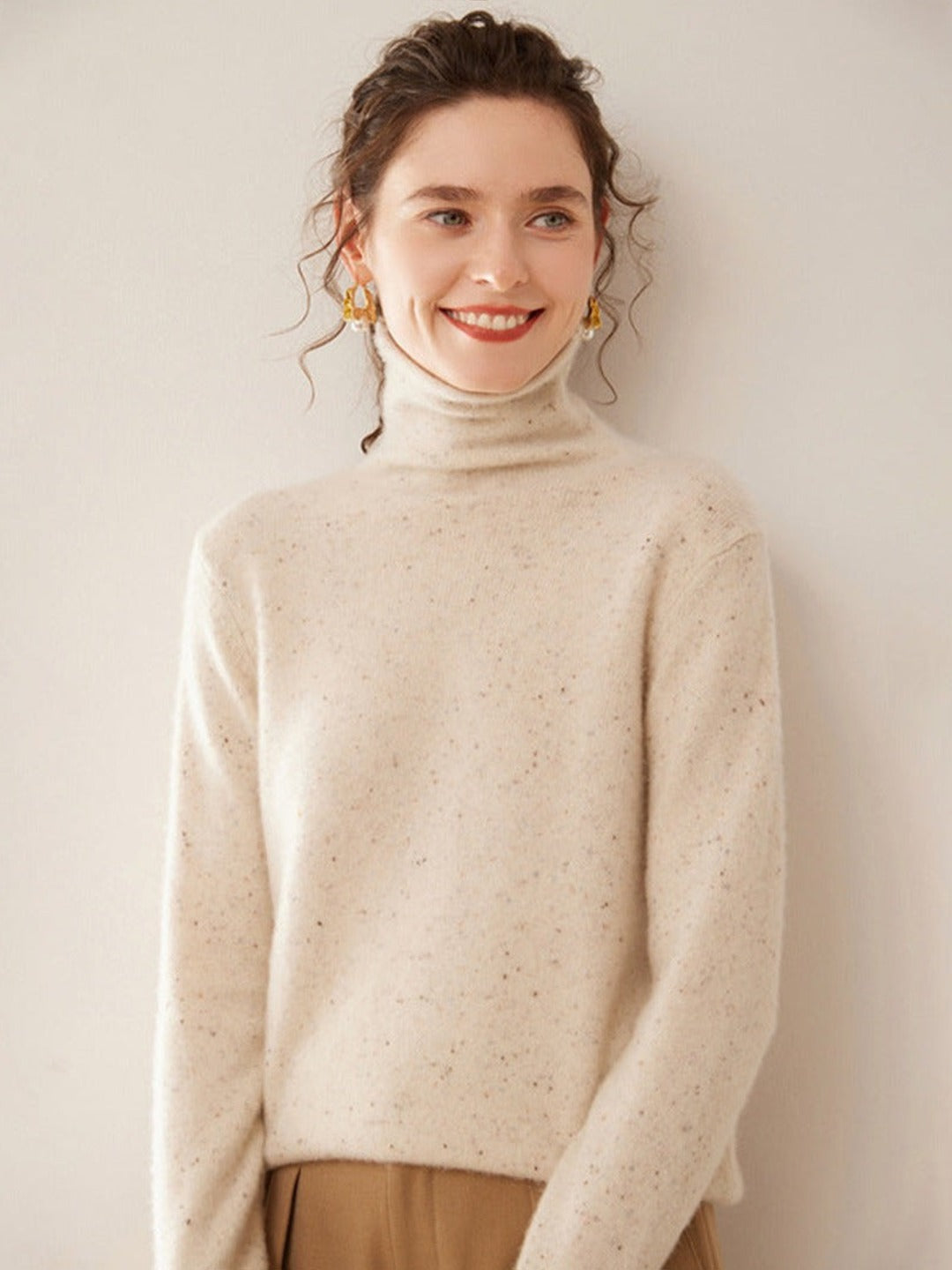 Sous-pull col roulé cachemire et laine, coloris écru moucheté