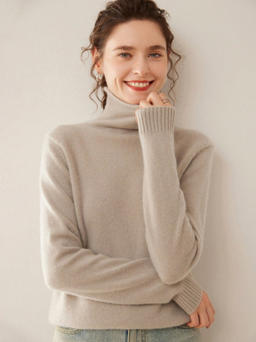 Sous-pull col roulé cachemire et laine, coloris grège