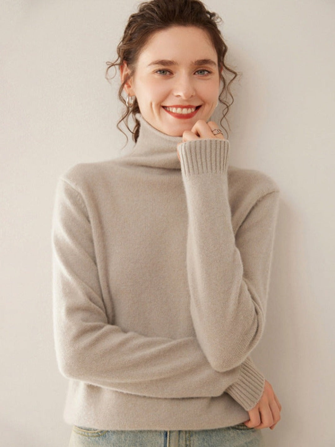 Sous-pull col roulé cachemire et laine, coloris grège