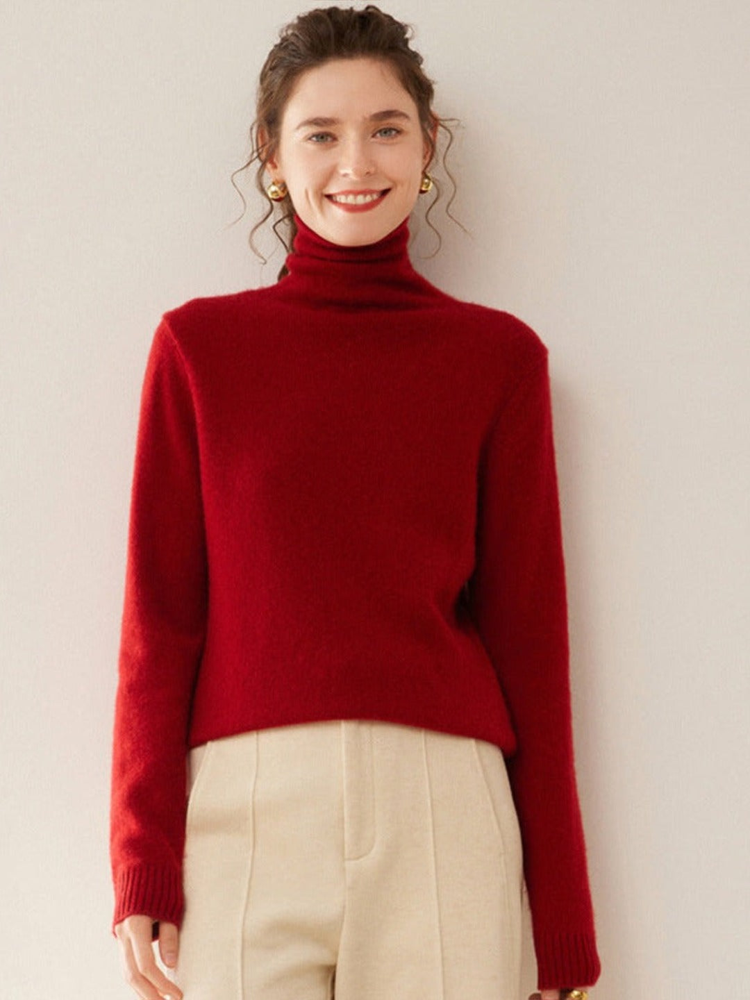 Sous-pull col roulé cachemire et laine, coloris rouge