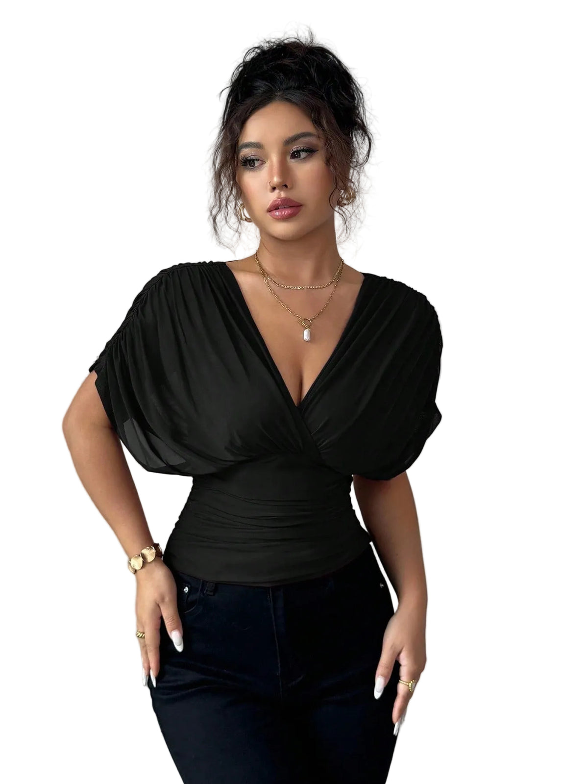 Top cache-cœur femme froncé à la taille, manches papillon en voile, coloris noir