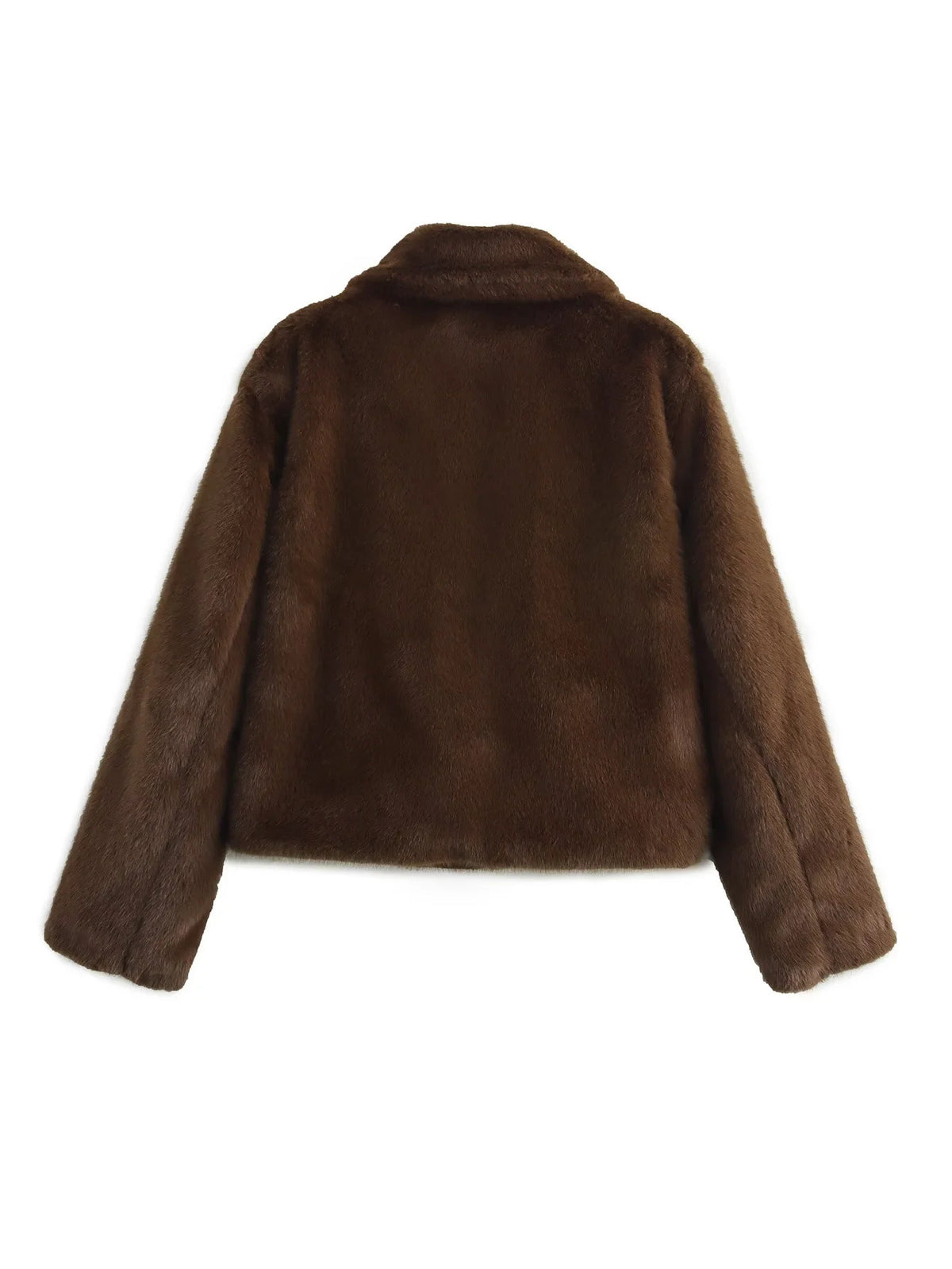 Veste courte femme en fausse fourrure marron foncé, vue de dos