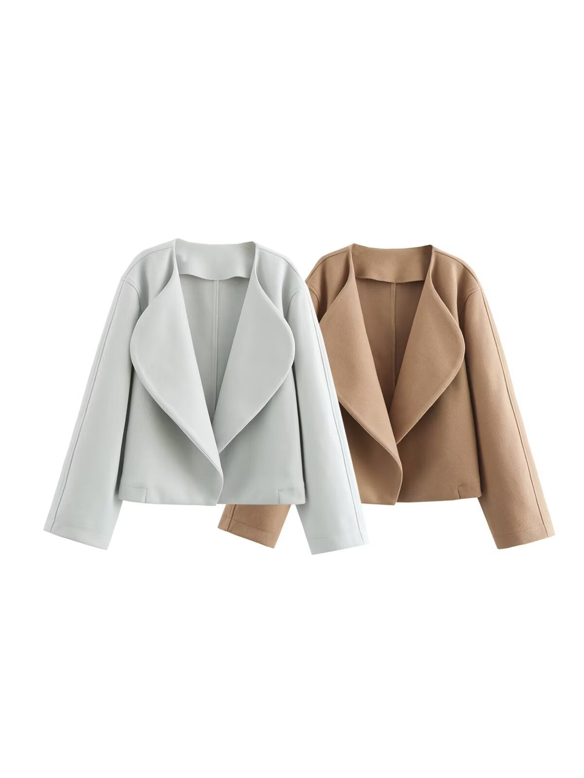 Veste courte femme à grand revers arrondi, coloris gris clair et camel côte à côte