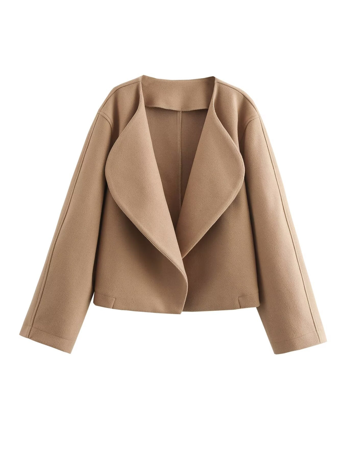 Veste courte femme à grand revers arrondi, coloris camel, vue de face